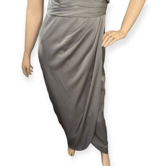LA FEMME Surplice Off The Shoulder Column Gown In Pewter Size 0 NEW - Picture 5 of 13